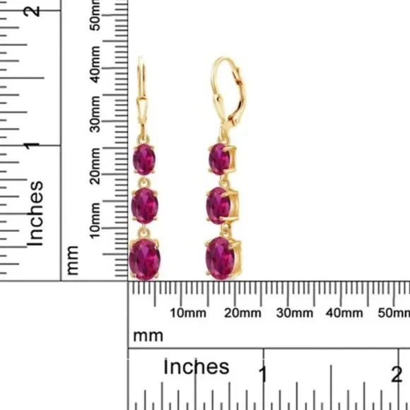 18K Yellow Gold with 5.40 Cttw 3 Stone Ruby Dangling Leverback Drop Earrings - Picture 5 of 5